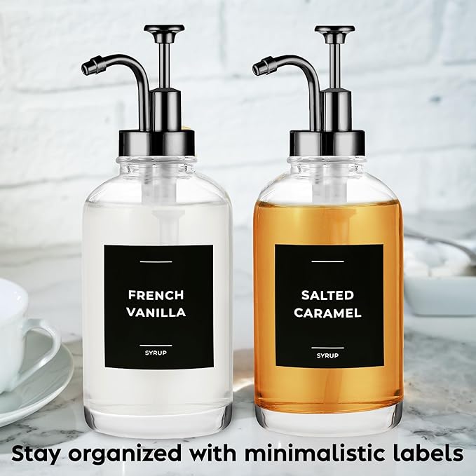 Spaceneat Coffee Syrup Dispenser with Pump - Includes 24 Flavor Labels - Glass Syrup Dispenser for Coffee Bar - Elevate your Beverage Station with 16.9 fl oz Flavoring Container Bottles, 4pcs, Black