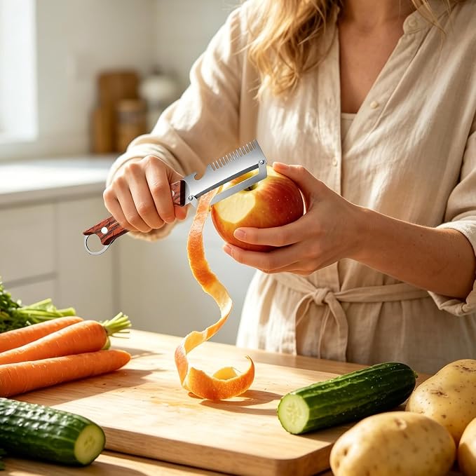 3-1 Multi-functional Vegetable Peeler, 2026 New Stainless Steel Peeler with Wooden Handle & Bottle Opener and Grater, Kitchen Tool Peeler for Peeling Fruits and Shredding Scallions