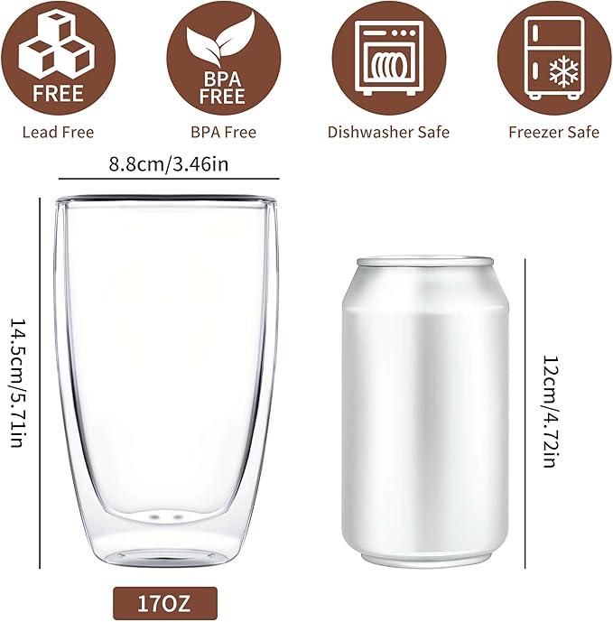MESNEY 17oz Double Walled Glass Coffee Mugs, Insulated Clear Cappuccino Latte Glass Coffee Mugs for Home, Cafe & Restaurant, Durable Stackable Drinking Glasses
