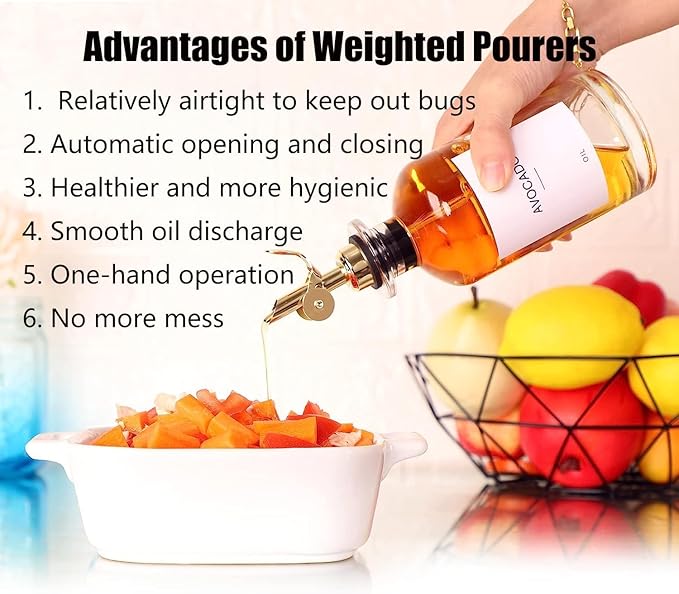 Pafusen 2 Pack Auto Flip Olive Oil Dispenser Spout, Liquor Pour Spout, Oil Dispenser Top, Easily Turn Your Bottles into Dispensers for Liquor, Vinegar, Oils, Weighted Pourer, Silvers
