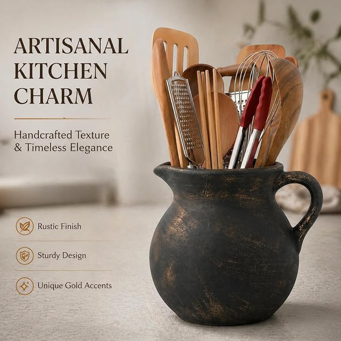 Rustic Kitchen Utensil Holder,7.6 Inch Large Ceramic Utensil Crock for Countertop, Vintage Kitchen Counter Decor,Home Decor,Stunning Ceramic Vase(Black Copper)