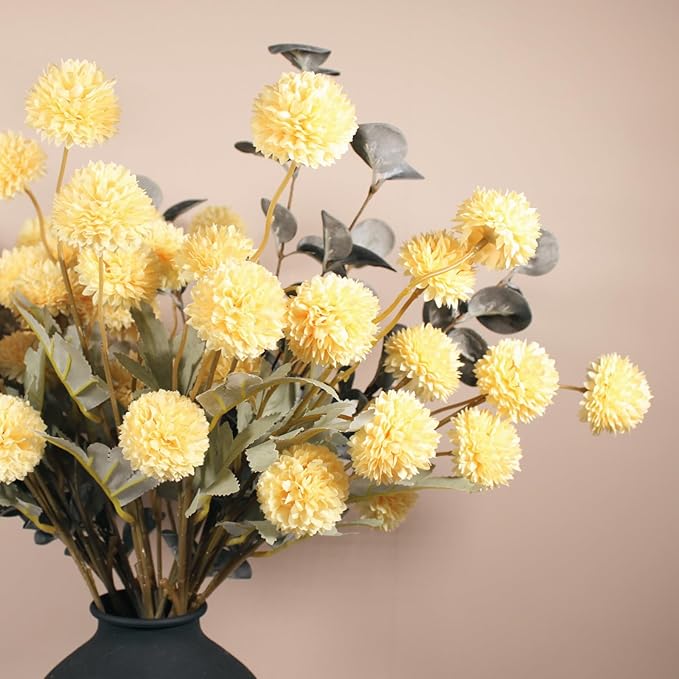 Yellow Flowers Artificial 10 Long Stems Kiku Flower With Eucalyptus, Spring Flowers Decor, Mustard Yellow Decor, Flores Amarillas Artificiales Para Decoracion, Faux Easter Spring Summer Floral Stems