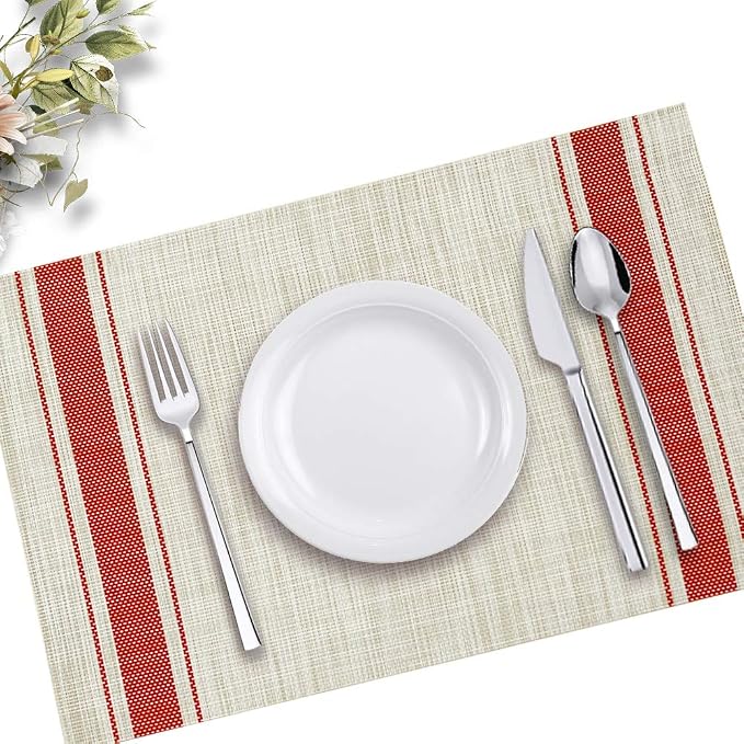 Table Mats Set of 6 Crossweave Woven Vinyl Placemats Heat Resistant Non-Slip Kitchen Placemats for Dining Table Washable Easy to Clean(Red)
