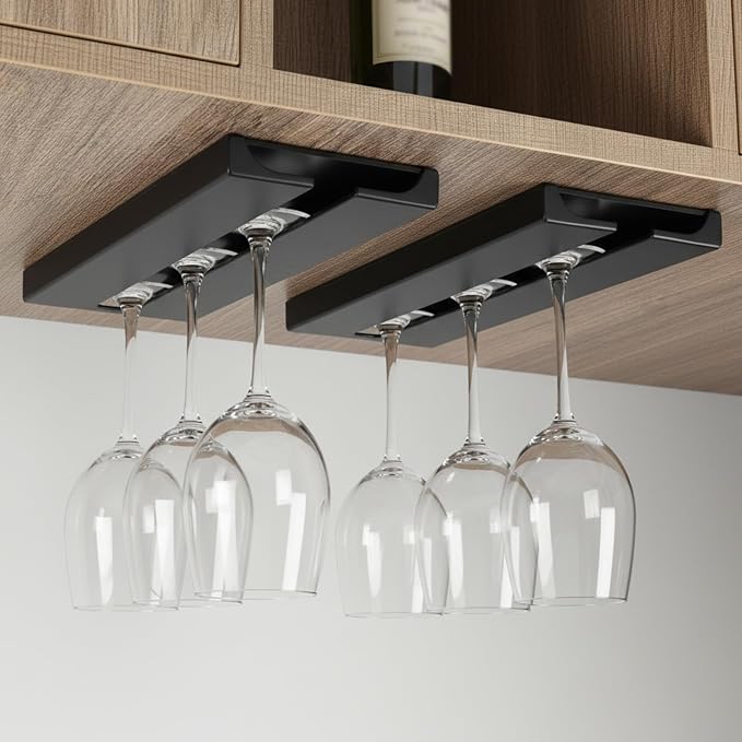 8 Pack Wine Glass Holder Under Cabinet Rack - Black Plastic Stemware Hangers for Kitchen, Bar, Restaurant Storage - Space Saving No Drill Installation