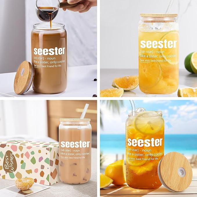 Sister Birthday Gifts - Sisters Gifts from Sister - Funny Best Friend Bestie Bff Sis Mothers Day Gift, Friendship Soul Sis Gift for Women, Present for Sisters - 16 Oz Seester Definition Glass Cup