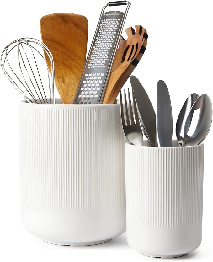 Pokini Utensil Holder, 7.3"+5.3" Large Ceramic Kitchen Utensil Holder for Countertop, Cooking Utensil Holder for Kitchen Counter Decor, Modern Kitchen Utensils Holder, Bright White