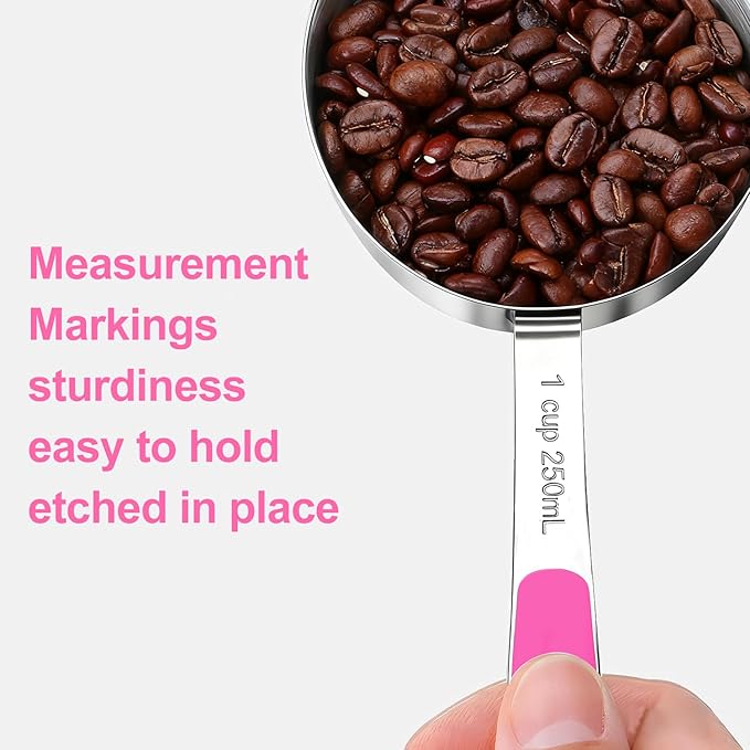 Bopei Measuring Cups and Spoons Set Stainless Steel 10 Piece for Cooking and Baking (5 Cups + 5 Spoons, Pink Handle)