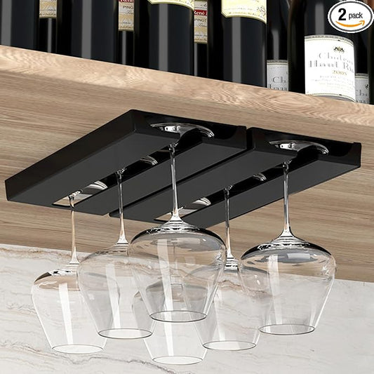 Wine Glass Holder Under Cabinet ，Wine Glass Rack - Under Cabinet Stemware Wine Glass Holder Glasses Storage Hanger plastic Organizer for Bar Punch-free Self-adhesive 2 Pack（Black）