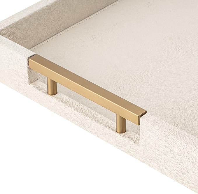 Beige Faux Leather Serving Tray with Handles – Large Decorative Tray for Coffee Table, Ottoman, Living Room, Bathroom – Home Decor