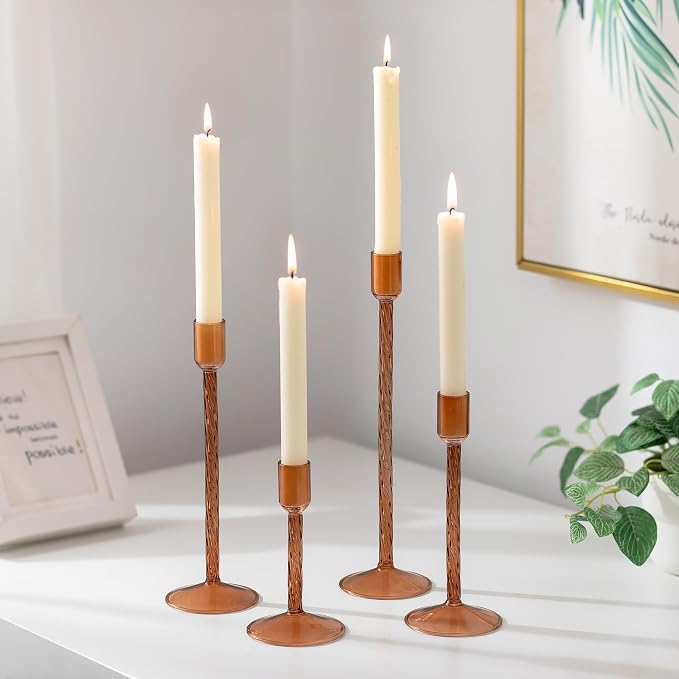 Glasseam Glass Candle Holder Brown: Fall Candle Holders Set of 4 Tall Candle Stick Candle Holder for Tapered Candles Decorative Candle Holders for Table Centerpiece Halloween Thanksgiving Decorations