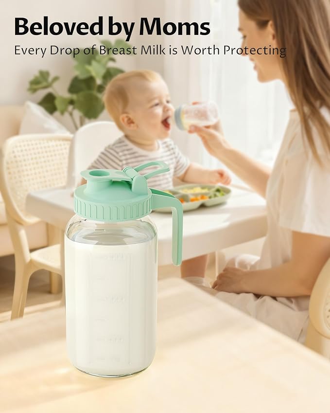 64oz Glass Breast Milk Pitcher with Lid & Pour Spout, 2 Quart Airtight Leakproof BreastMilk Fridge Storage Container - Wide Mouth, Dishwasher Safe Formula Pitcher with Handle