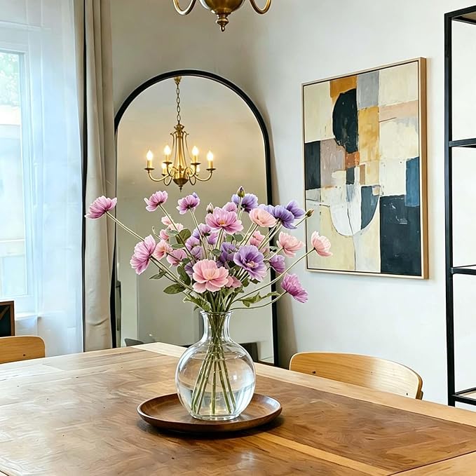 Artificial Poppy Flowers with Eucalyptus Stems, 6pcs Faux Poppy + 2pcs Fake Eucalyptus Branches, Flocked Flexible Wire Stems, Silk Petals, Realistic Faux Greenery for Home Table Decor
