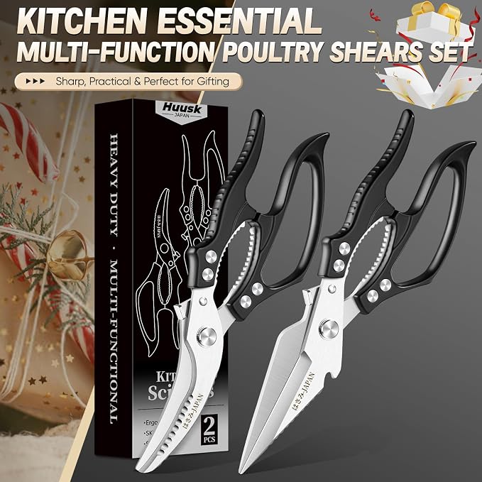 Huusk Heavy Duty Kitchen Scissors Set – All Purpose Japanese Poultry Shears for Chicken, Meat, Fish, Vegetables & Pizza with Ergonomic Non-Slip Black Handle, Gifts for Women Men