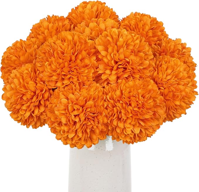Briful 12 Pcs Artificial Orange Chrysanthemum Stems – 11” Tall Silk Mums Flower Heads with Green Leaves, Flexible Stems for Fall Floral Pick Arrangements, Home, Wedding & Seasonal Decorations
