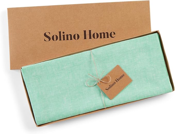 Solino Home Linen Table Runner 36 Inches - 100% Pure Linen Chambray Aqua Table Runner 14 x 36 Inch Ideal for Dresser and Coffee Tables - Athena, Spring, Summer