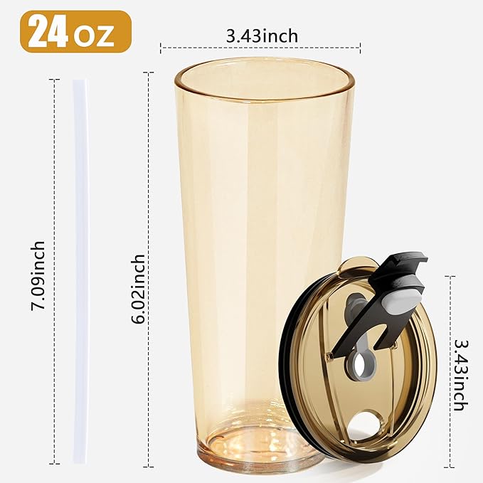 24oz Drinking Glasses Cups Set of 2 Leak Proof Iced Coffee Glass Tumbler with Lid Straw Glassware for Juice Coffee Smoothie Boba Tea(Gray & Amber)