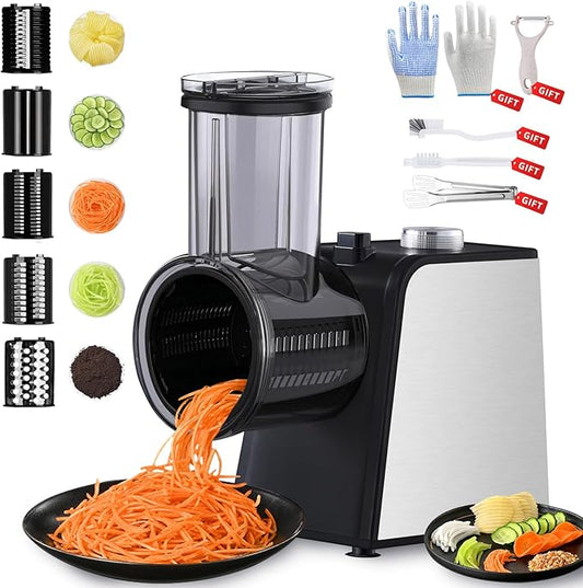 Electric Cheese Grater: Cheese Grater with 5-Interchangeable Blade Salad Shooter Electric for Cheese, Fruits (Blue)