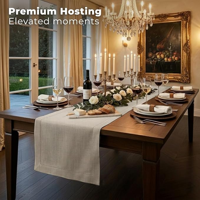 Signature Linen™ by D'Moksha Natural Table Runner 84 Inches Long, 100% Pure Linen, Hemstitch, 14 x 84 Inch Table Runner for Dresser, Dining- Summer, Father's Day