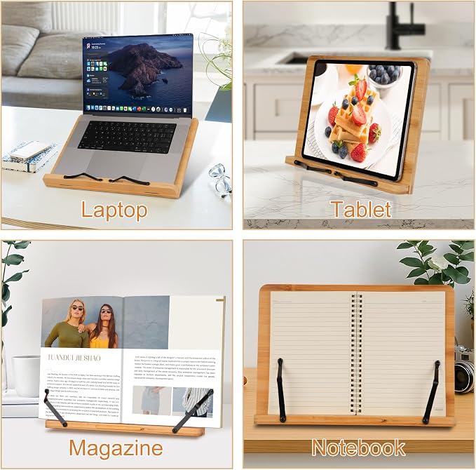MEGREZ Bamboo Book Stand 13.2 x 9.4 inch, Foldable Cookbook Holder with 6 Adjustable Height, Reading Book Holder for Recipe, Music Book, Textbook, Tablet Stand, Butterflies