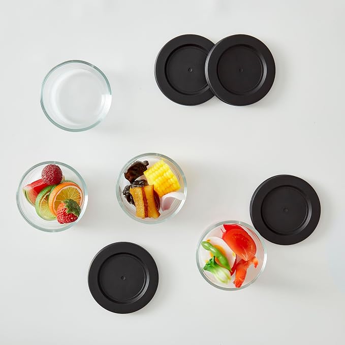 8-Piece Glass Food Storage Containers Set (4 Containers + 4 BPA-Free Lids) | 1-Cup, Leakproof | Microwave, Freezer, Oven & Dishwasher Safe | Ideal for Meal Prep & Pantry Organization, Black