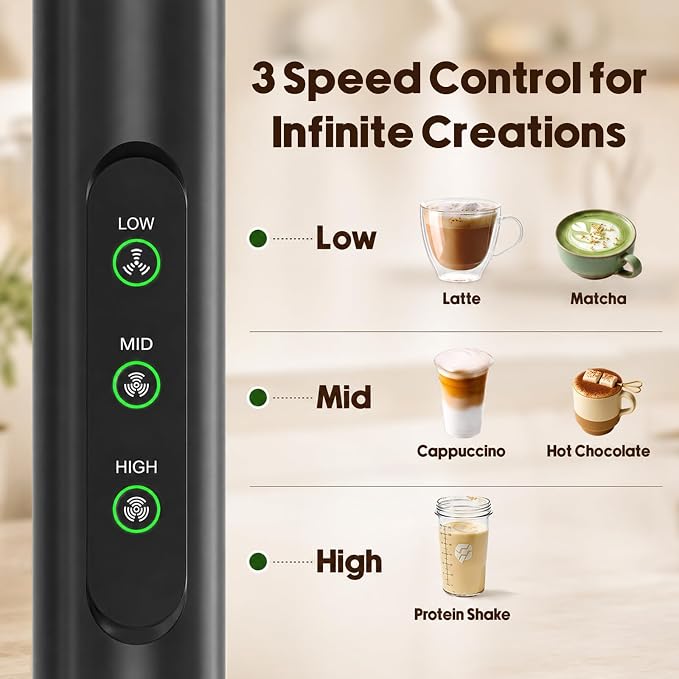 Rechargeable Milk Frother Handheld with 3 Speed, 3 Detachable Whisks with Stand, Electric Coffee Drink Mixer Wand for Cappuccino, Latte, Matcha, Hot Chocolate, Eggs,Protein Black
