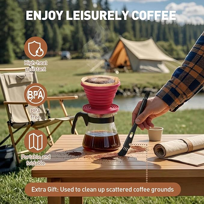 2Pcs Collapsible Pour Over Coffee Dripper, Reusable Silicone Coffee Filter Holder, Portable Manual Coffee Brewer Makes with A Cleaning Brush for Home Camping Hiking Travel Office