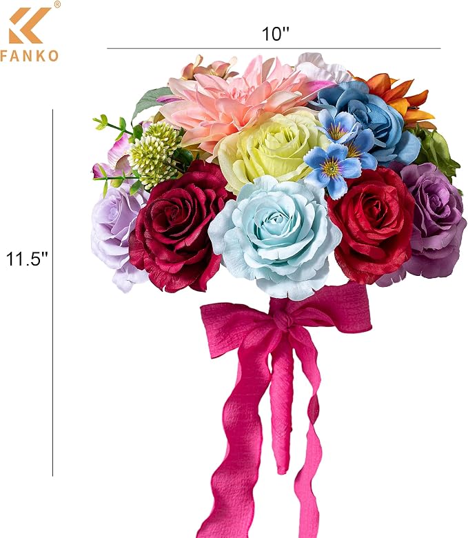 FANKO Artificial Flowers for DIY, Rainbow Multicolor Faux Flowers Bouquet, Colorful Fake Rose Daisy Lily Silk Flowers for Vase, Home Decor, Garland, Wedding, Birthday, Party, Romantic Celebration