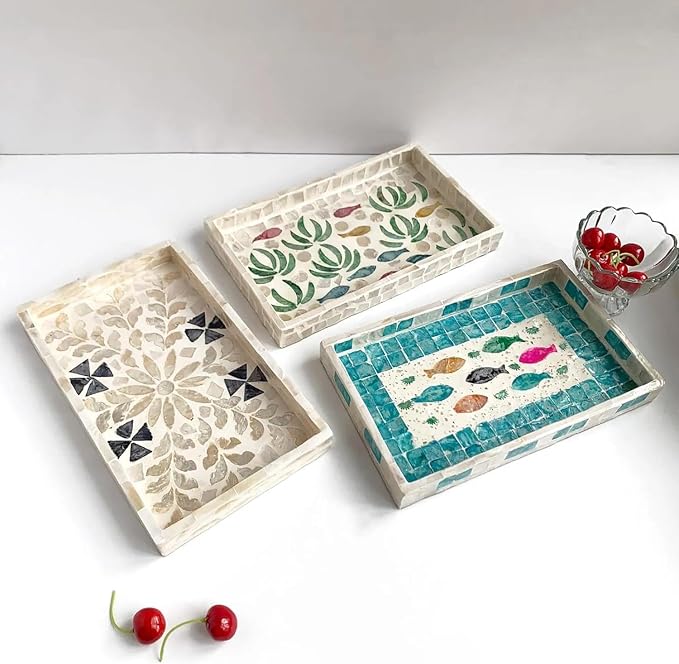 Mother of Pearl Inlay Wooden Tray – Handmade Decorative Rectangle Serving Tray for Coffee Table, Kitchen, Bathroom, Vanity or Living Room Decor (Vintage Hearts)