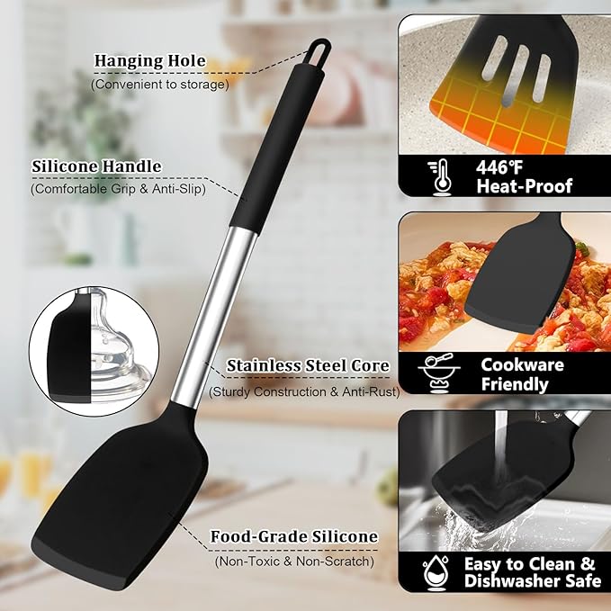 TeamFar Kitchen Utensil Set of 14, Silicone Cooking Utensil Set with Stainless Steel Handle, for Frying Serving Flipping Draining, Non-toxic & Heatproof, Nonstick & Dishwasher Safe - Black