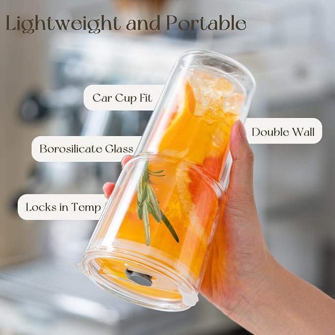 KEMORELA 2PCS 20oz Double Wall Glass Tumblers with Lids and Straws – Insulated Borosilicate Glass Matcha Cups for Iced Matcha Latte, Smoothies, Reusable Travel Glass Cups – Leak Proof 2-in-1 Lid