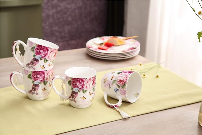 London Boutique Tea Coffee Cup Mug Set 4 Porcelain Bird Rose Butterfly Shabby Chic design in Gift Box 330ML 11oz