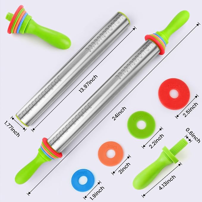 Stainless Steel Dough Roller Pins with Handle for Baking, Adjustable Rolling Pin with Thickness Rings for Cookie Decorating, Kitchen Baking Essential Tools for Fondant Cake Baker Pizza Cookie