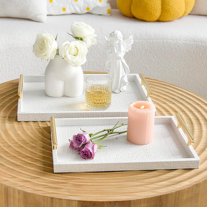 Set of 2 Modern Elegant Large Wood Serving Tray, Rectangle Decorative Tray Ottoman Tay Coffee Table Tray, Pearl White Crocodile Leather with Gold Polished Metal Handles