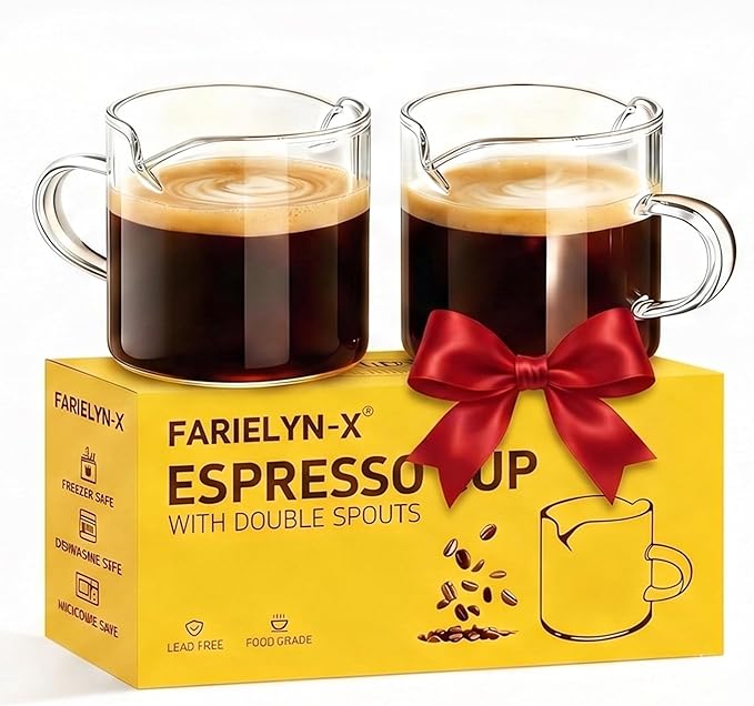 5 OZ Espresso Cups Set of 2, Double Spouts Cups, Shot Glasses, Milk Cup with Handle, Clear Glass, Espresso Accessories for Making Coffee Desserts Salad Dressing Machine (1 ounce more than others )