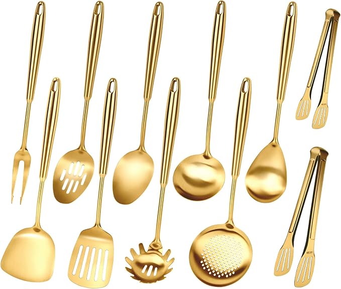 304 Gold Cooking Utensils Set, 11PCS Stainless Steel Kitchen Utensils Set, Metal Kitchen Utensils Set Include Meat Fork, Tongs, Turner, Soup Ladle, Dishwasher Safe