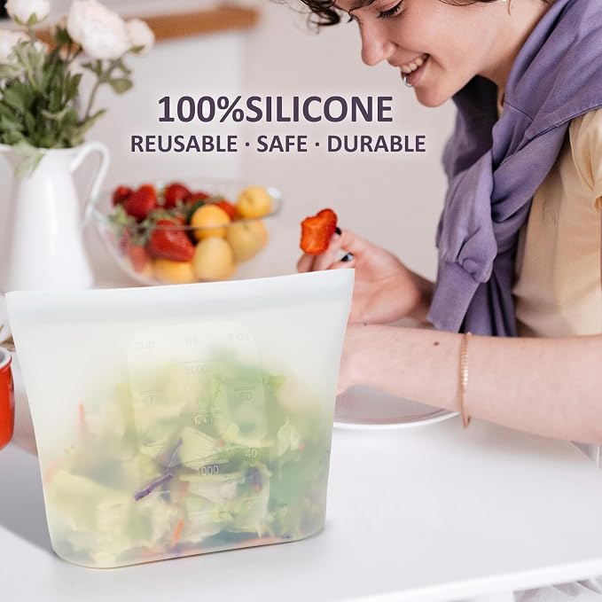 Large Reusable Silicone Food Storage Bags 4 Pack, 0.5 Gallon/2000ml, 100% Silicone Stand-Up Wide-Open Zip-Lock Reusable Bags for Large Items, Microwave Freezer Oven Dishwasher Safe, Translucent