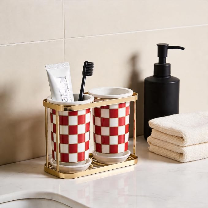 Ceramic Checkered Utensil Crocks with Gold Metal Rack, Black & White Grid Kitchen Utensil Storage, Farmhouse Kitchen Decor, Flatware Organizer & Home Accessory (Red)
