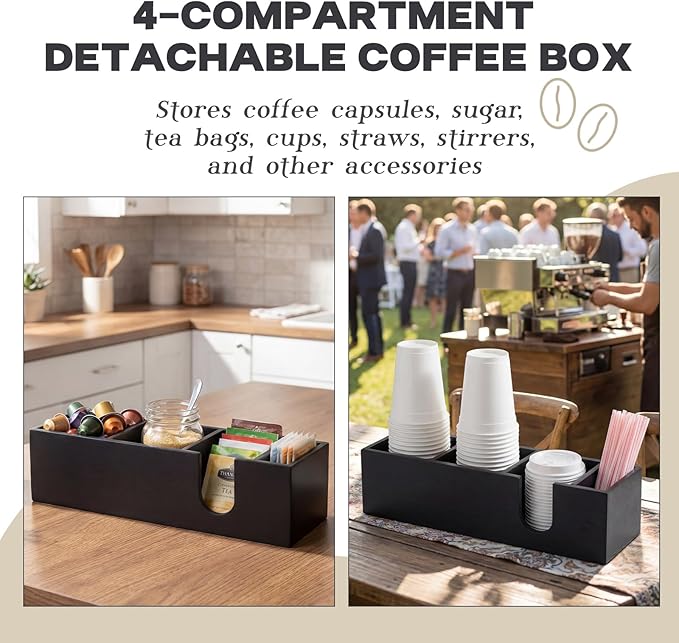 Novabright 4 Compartments Coffee Cup Holder for Countertop Cup Lid and Straw Dispenser Coffee Station Organizer Bar Accessories for Breakroom Restaurant, 15.3 x 4.7 x 4(Black,Pine Wood)