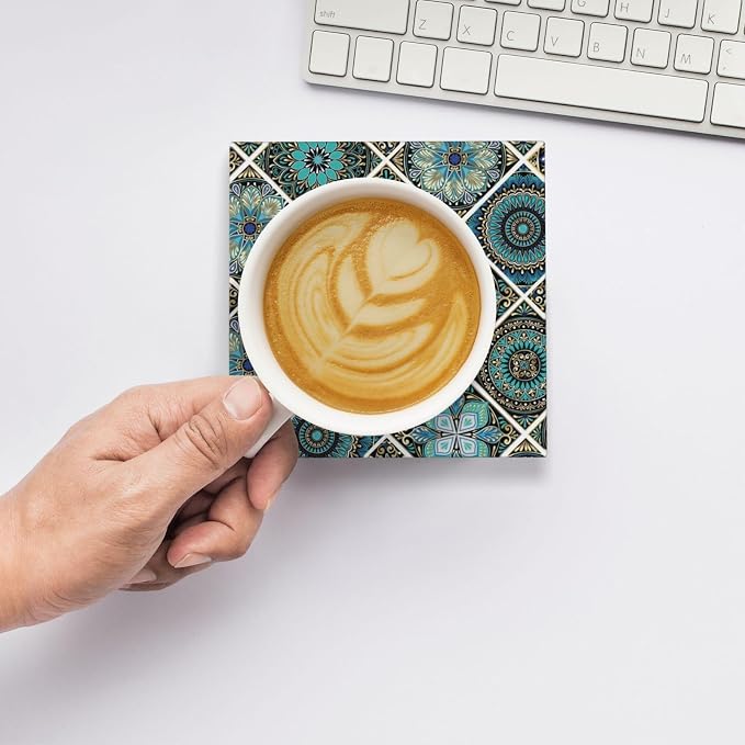 Blue Teal/Turquoise Mexican Tile Square Ceramic Coasters Set of 6 Pack, Green Bohemia Mandala Art Tiles Stone Drink Coaster with Cup Holder Anti-Scratc Cork Backing Bar Kitchen Home Housewarming Gift