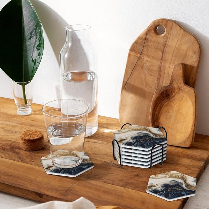 Modern Blue Beige Gold Marble Set of 6 Drinks Ceramic Coasters with Holder Funny Absorbent Cup Coasters with Cork Desk Table Protection Coffee Table Decor