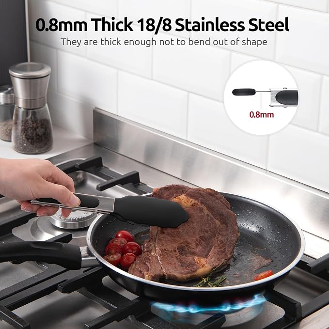 600ºF Heat Resistant Kitchen Tong: U-Taste 7 inch Silicone Cooking Tong with Firm Sealed Non Stick Rubber Tips & Silicon Coated 18/8 Stainless Steel Handle & Smooth Locking for Serving Salad (Black)