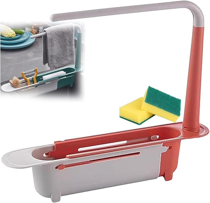 2026 Updated Telescopic Sink Storage Rack Adjustable, Kitchen Organizer Soap Sponge Holder with Dishcloth Hange, Expandable Length Sink Rack Holder for Home Kitchen (Red)