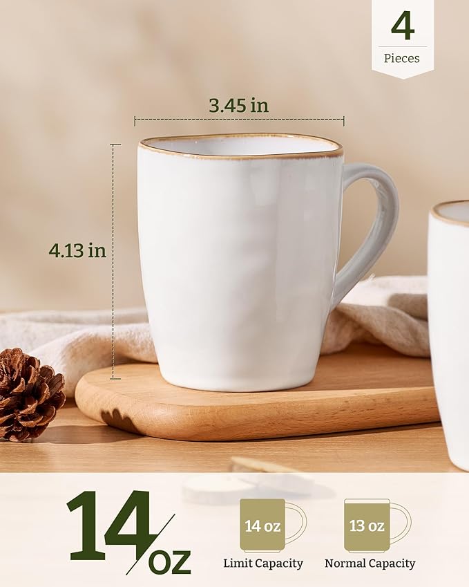 famiware Aurora Coffee Mugs, 14oz Mug Set of 4, Stoneware Mug, Cups for Kitchen, Cappuccino, Latte, Reactive Glaze, Microwave Safe, Scractch-resistant, Pearl White