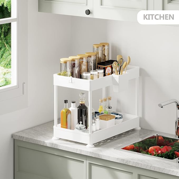 Under Sink Organizers and Storage | Bathroom Cabinet Organizer, Sink Shelf with Utility Hooks and Side Caddy for Under Cabinet Storage | White (1-Pack) Non Slip Grip Under Kitchen Sink Organizer