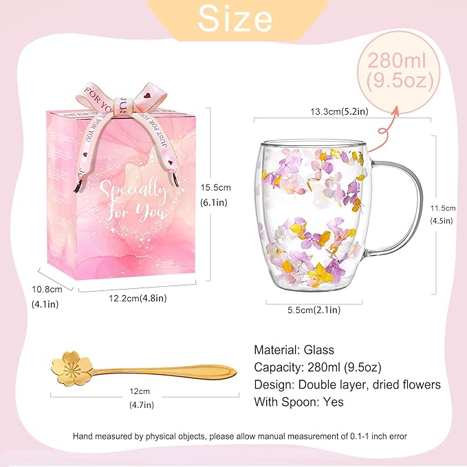 Double Wall Glass Coffee Mugs, Aesthetic Dried Flowers Cups with Handles,Espresso Cups for Cappuccino Coffee Tea Milk,Insulated Heat Resistant Glass Mug Christmas Birthday Gifts for Women