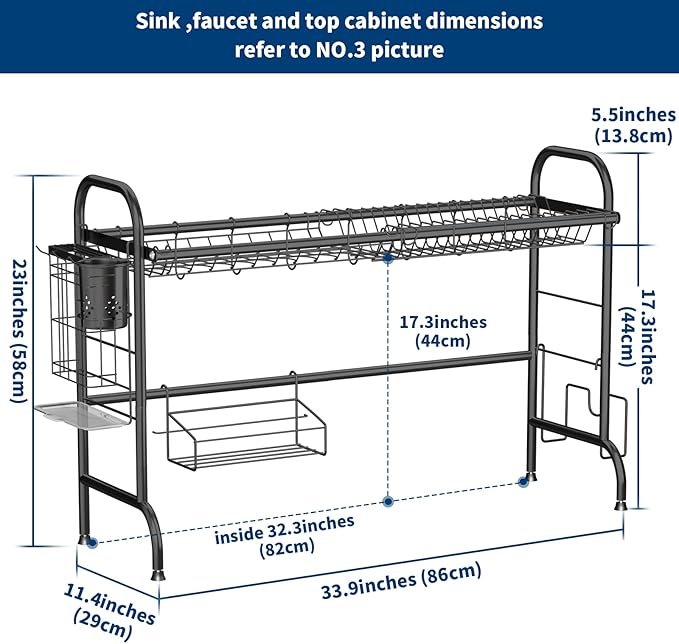 MOUKABAL Dish Drying Rack - Stainless Steel Over The Sink Dish Drying Rack (Expandable Length), Large Dish Rack with Utensil Holder, 32.3" - 33.9"(L) x 11.4"(W) x 23"(H) Black