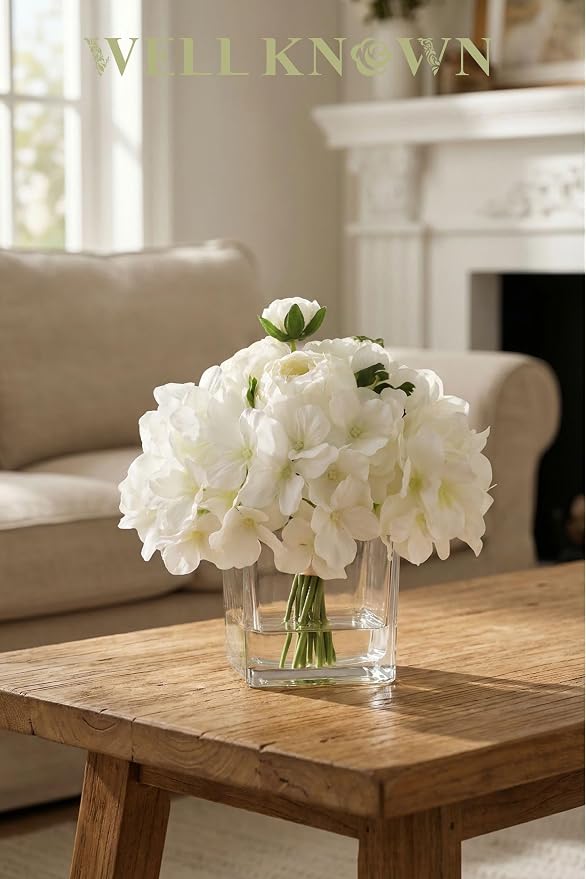 WELL KNOWN Fake Flowers in Vase, White Hydrangea Ranunculus Artificial Flowers with Vase, Silk Floral with Faux Water Arrangement Centerpiece for Office Dining Table Home Wedding Decor & Mom's Gift