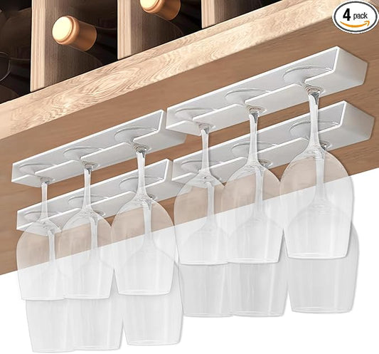 Wine Glass Holder, 4 Pack, Hanging Stemware Rack Organizer, Under Cabinet Storage, White
