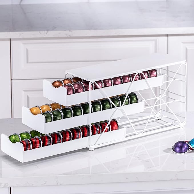 FlagShip for Nespresso Pod Holder Drawer 3 Tier Coffee Capsule Holder for Nespresso Vertuo Pod with Elegant White(60 Pods Capacity)