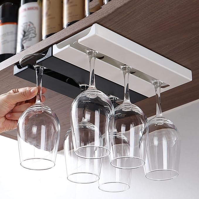 MBROS Set of 2 Punch-Free Wine Glass Rack, Under Cabinet Stemware Rack, Self Adhesive Hanging Wine Glasses Storage Hanger Organizer, for Cabinet Kitchen Bar Restaurant Black, White